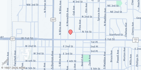 Map showing Dumas Meals on Wheels at 310 E. 1st, Dumas, TX