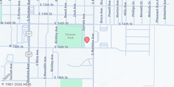 Map showing Moore County Senior Center at 701 East 16th Street, Dumas, TX