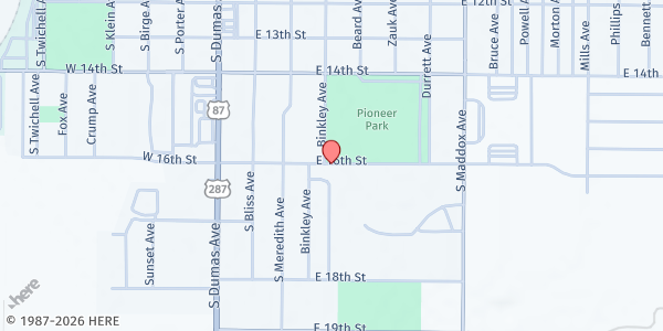 Map showing Moore County Senior Center at 701 E. 16th St., Dumas, TX