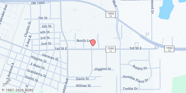 Map showing Humble Area Assistance Ministries at 1301 1st Street, East Humble, TX