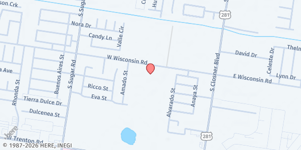 Map showing Edinburg Seventh Day Adventist at 602 W. Wisconsin, Edinburg, TX