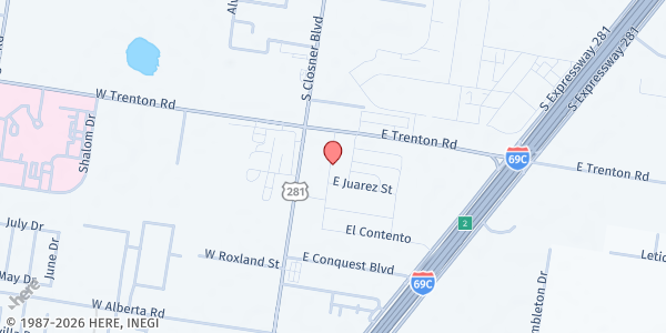 Map showing Rio Grande Bible Institute Food Pantry at 4300 S. Bus. HWY 281, Edinburg, TX