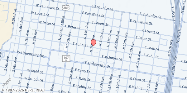 Map showing Sacred Heart Catholic Church at 501 E. Kuhn St., Edinburg, TX