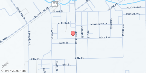 Map showing Pilgrims Rest Baptist Church at 810 Palacios St, El Campo, TX