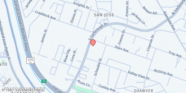 Map showing Apostolica Assembly Church (Alfa y Omega) at 480 S. Yarbrough Dr., El Paso, TX