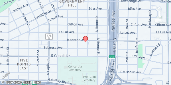 Map showing El Paso 1st Assembly of God at 3928 Montana Ave., El Paso, TX
