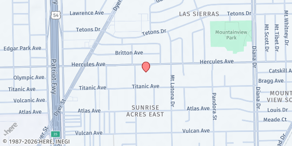 Map showing Hillcrest Baptist Church at 4710 Hercules Ave., El Paso, TX