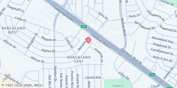 Map showing New Hope Church of God at 7623 Wilcox Dr., El Paso, TX