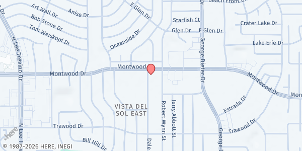 Map showing The Oasis Baptist Church at 11200 Montwood Dr., El Paso, TX