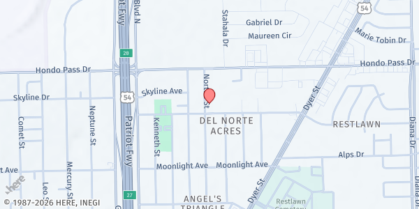 Map showing Unity Missionary Baptist Church at 4601 Maxwell Ave., El Paso, TX