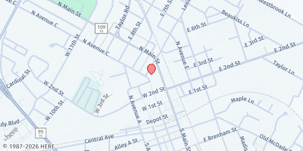 Map showing Elgin Community Cupboard at 303 N. Avenue C, Elgin, TX
