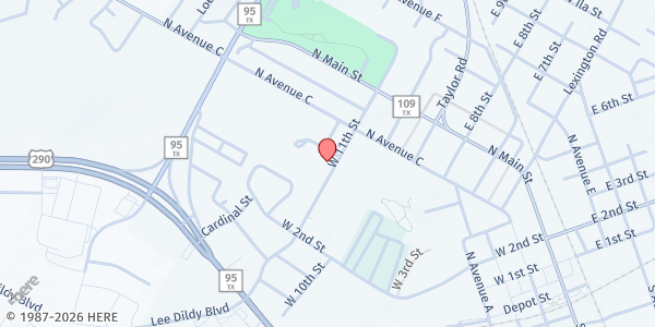 Map showing Sacred Heart Catholic Church - St. Vincent de Paul at 302 W. 11th St., Elgin, TX