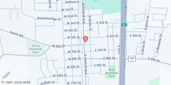 Map showing City of Ferris Mobile Food Pantry - Central Location at 114 S. Central St., Ferris, TX