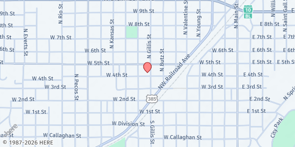 Map showing First Baptist Church of Fort Stockton at 401 N. Gillis St., Fort Stockton, TX