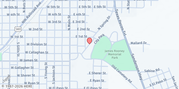 Map showing James Rooney Memorial Park Mobile Pantry at S. Spring Dr., Fort Stockton, TX
