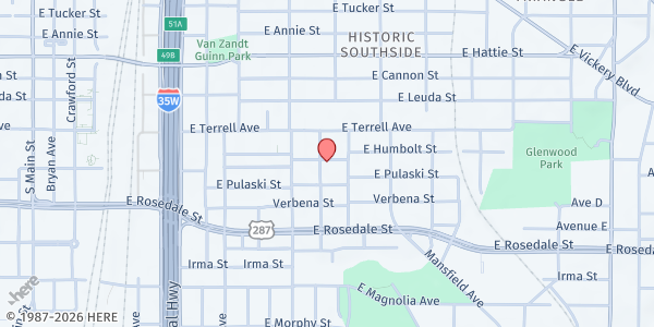 Map showing Bakers Chapel AME Church at 1050 E. Humbolt St., Fort Worth, TX