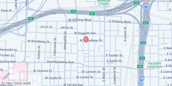 Map showing Broadway Baptist Church at 305 W. Broadway Ave., Fort Worth, TX