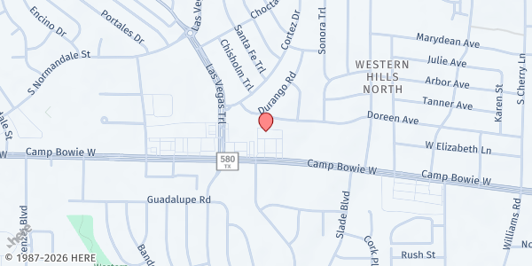 Map showing Caring Arms Ministries at 8466 Camp Bowie W. Blvd., Fort Worth, TX