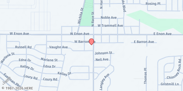 Map showing First Baptist Church Everman at 501 W. Barron Ave., Fort Worth, TX