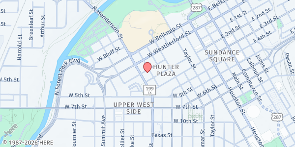 Map showing First Street Methodist Mission at 801 W. 1st St., Fort Worth, TX