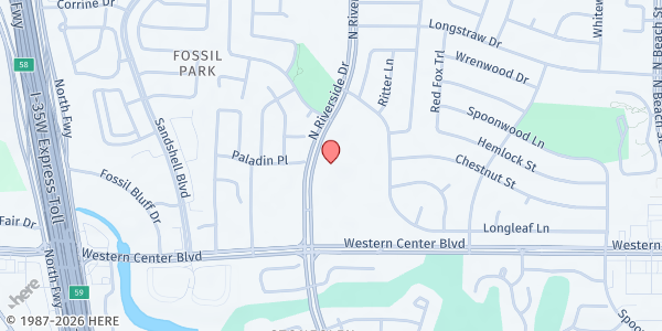 Map showing Fossil Creek Church at 6700 N. Riverside Dr., Fort Worth, TX