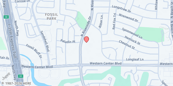 Map showing Fossil Creek Com. Dev. Center at 6700 N. Riverside Dr., Fort Worth, TX
