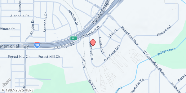 Map showing Oakcrest Family Church at 6741 Oak Crest Dr. W., Fort Worth, TX