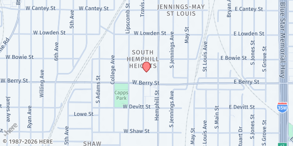 Map showing Travis Avenue Baptist Church at 800 W. Berry St., Fort Worth, TX
