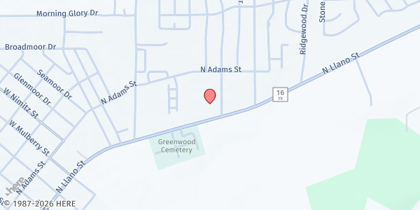 Map showing Fredericksburg Mobile Pantry at 1800 N. Llano St., Fredericksburg, TX