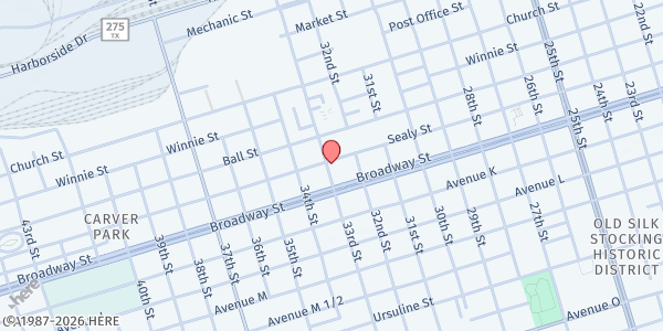 Map showing BLOCKS Food Pantry at New Deliverance Church Outreach Center at 902 33rd St., Galveston, TX