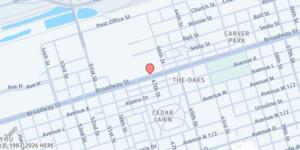 Map showing Catholic Charities Galveston - Beacon of Hope Food Pantry at 4700 Broadway Avenue J, Galveston, TX