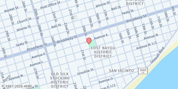 Map showing Moody Early Childhood Center at 1110 21st St., Galveston, TX