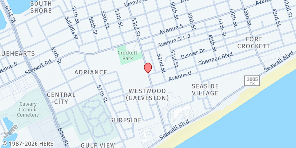 Map showing Moody Methodist at 2803 53rd St., Galveston, TX