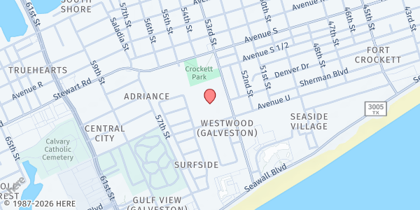 Map showing Moody Methodist Church at 2803 53rd St., Galveston, TX