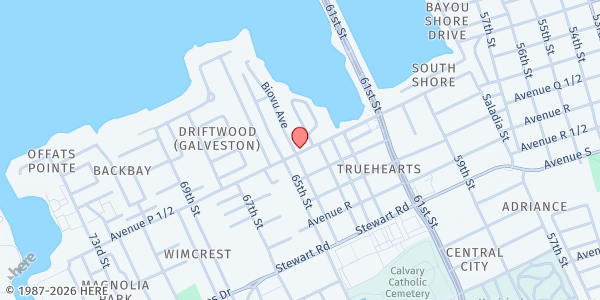 Map showing New Life Church at 6320 Heards Lane, Galveston, TX