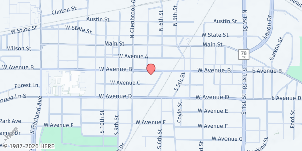 Map showing Friendship House at First Baptist Garland at 620 W. Ave. B, Garland, TX