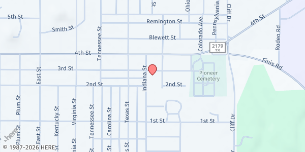 Map showing Graham Crisis Center & Community Food Pantry at 601 Indiana St, Graham, TX