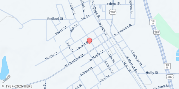 Map showing Grapeland First Baptist Church at 408 W. Chestnut St., Grapeland, TX