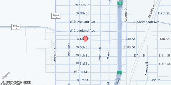 Map showing First Baptist Church at 305 W. 6th St., Hale Center, TX