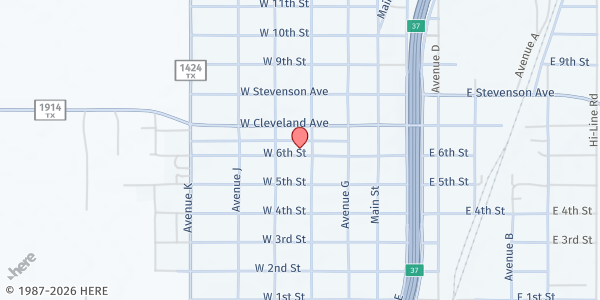 Map showing First Baptist Church at 306 W 6th St, Hale Center, TX