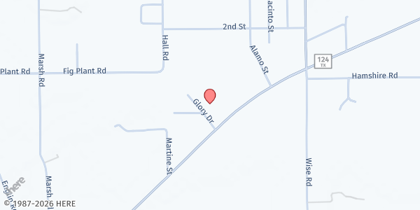 Map showing First Baptist Church Hamshire at 25304 TX-124, Hamshire, TX