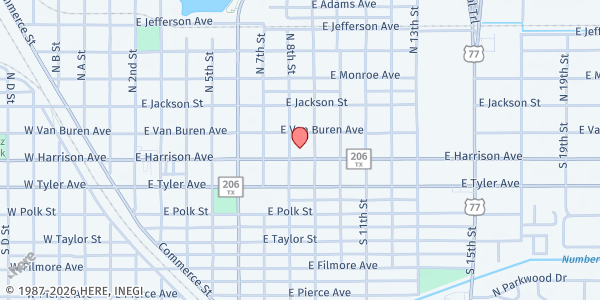 Map showing Harlingen Neighborhood Food Pantry at 801 E. Harrison Ave., Harlingen, TX