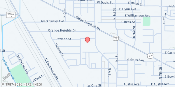 Map showing Queen of Peace Outreach at 1509 New Combes Hwy., Harlingen, TX