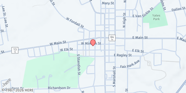Map showing First Baptist Church at 207 W. Main St., Henderson, TX