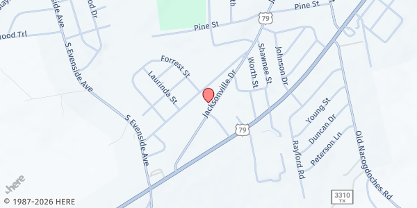 Map showing Henderson Food Bank at 1780 Jacksonville Dr., Henderson, TX