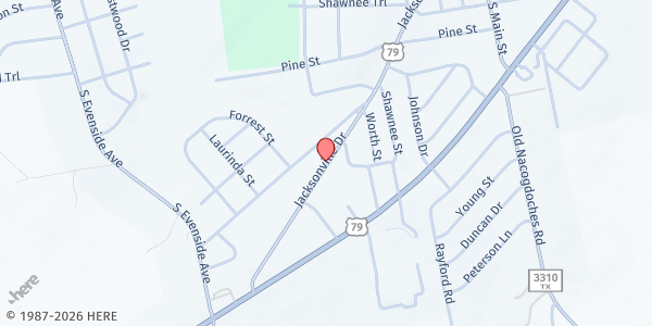Map showing Henderson Food Pantry at 1708 Jacksonville Dr., Henderson, TX