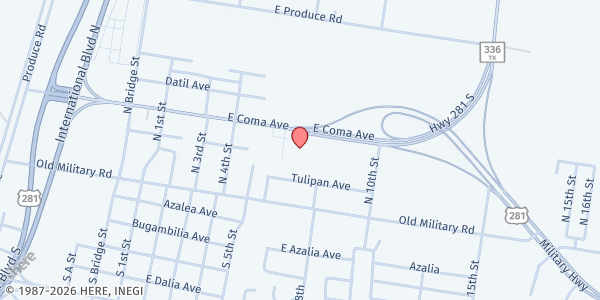 Map showing Banco de Comida Luz del Valle at 800 E Coma Ave, Hidalgo, TX