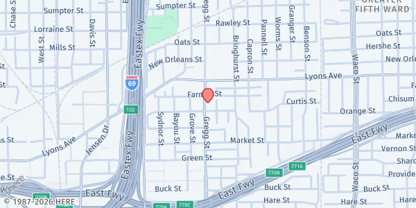 Map showing Anderson Memorial COGIC at 1508 Gregg St., Houston, TX