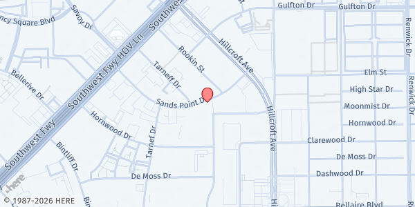 Map showing BakerRipley Gulfton Sharpstown Campus at 6500 Rookin St., Houston, TX