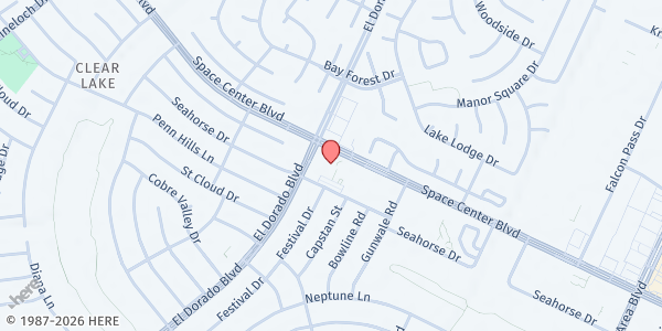 Map showing Clear Lake Food Pantry at 15700 Space Center Blvd, Houston, TX